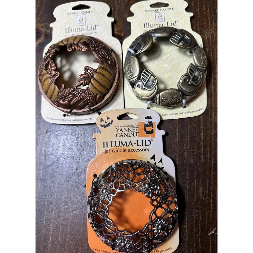 Yankee Candle 3 Lot Illuma Lid Topper Metal Gold Fall Halloween Football Spider